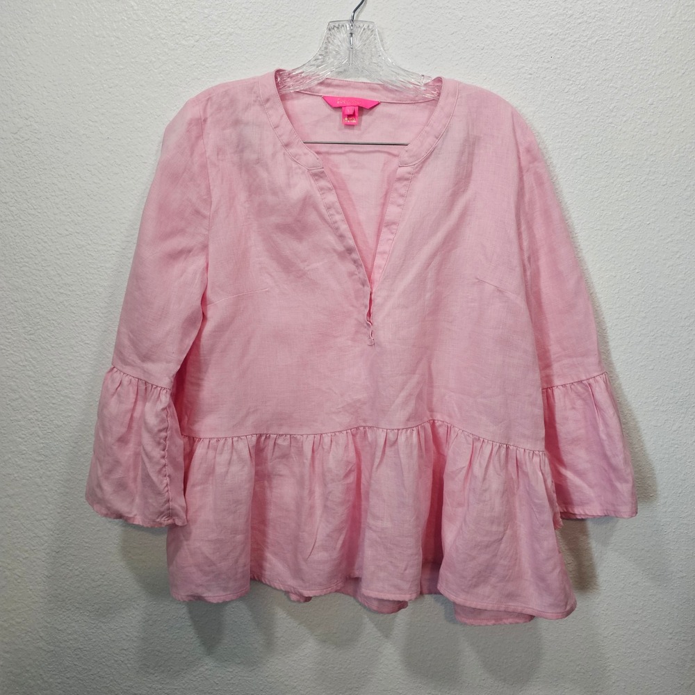 Lilly Pulitzer Bekah 100%‎ Linen 3/4 Sleeve Pink Top